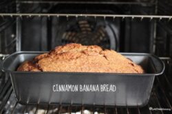 Cinnamon-infused banana bread baking in the oven.