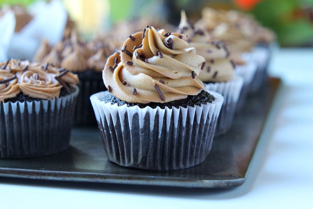 Dark Chocolate Cupcakes with Almond Chocolate Buttercream and chocolate sprinkles