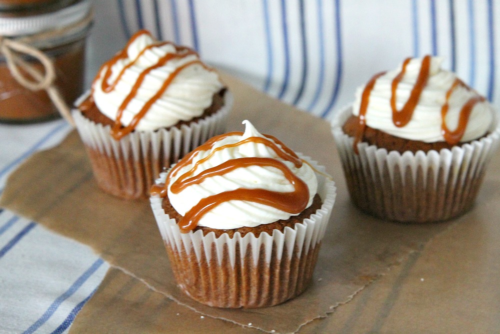 Pumpkin Cupcakes, Cream Cheese frosting & Salted Caramel drizzle