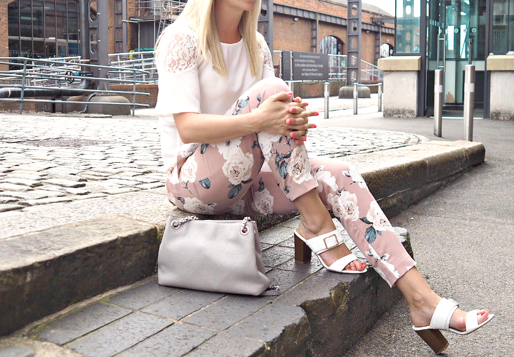 Floral Trousers White Frill Sleeved Blouse and White Heel Sandals for Summer