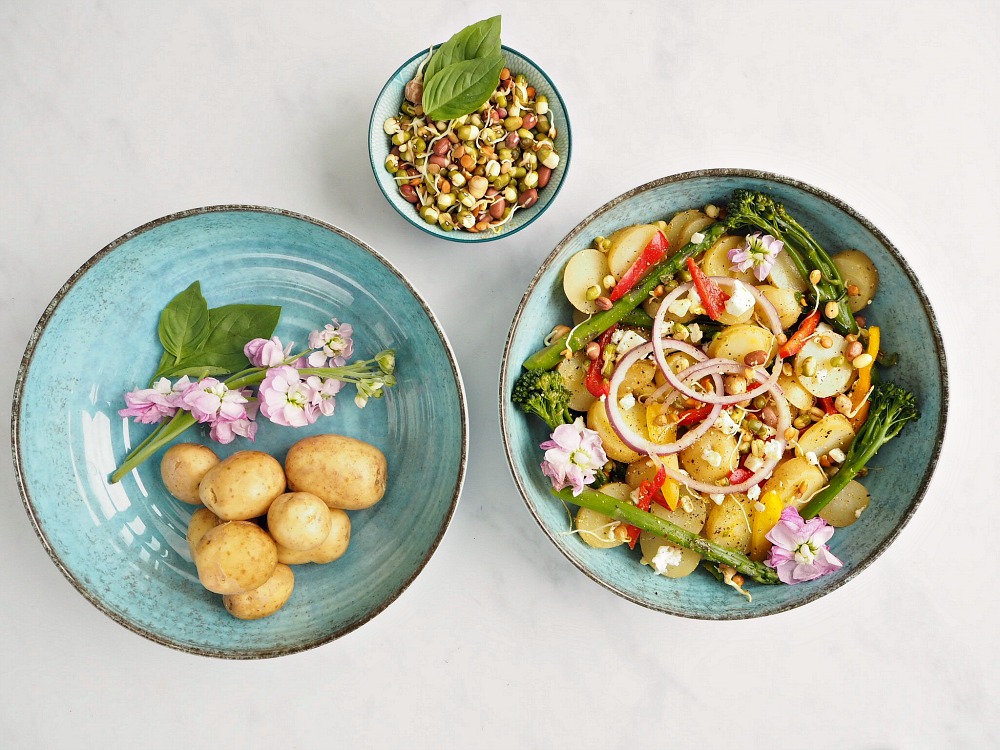 There are 3 blue bowls. One contains mango, Lime and Chilli Potatoes with onion, peppers and tenderstem broccoli. Another contains lentil sprout mix. The last holds potatoes and some pink flowers.