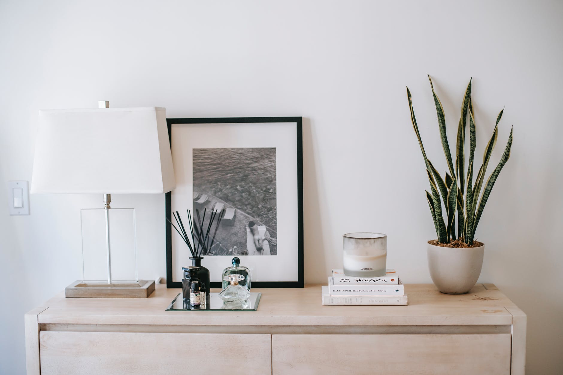 photo with potted plant on chest of drawers in room