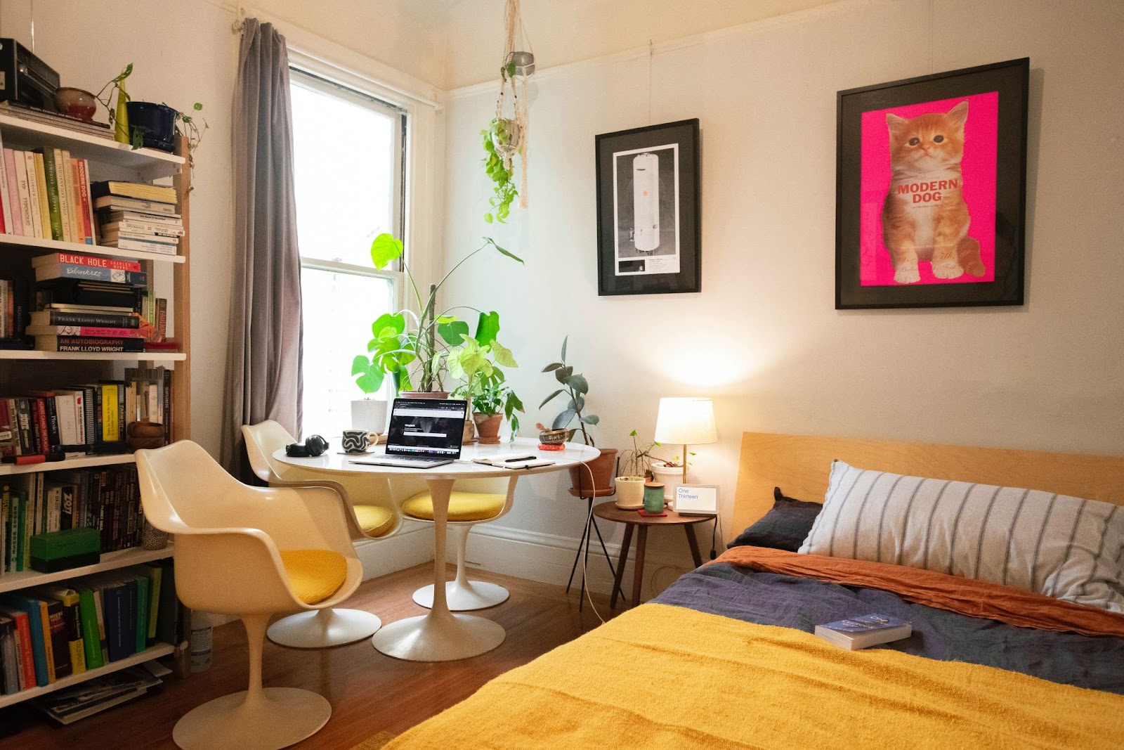 A room containing a bed, a round table with 3 chairs and a laptop on it, a plant and a bookcase.