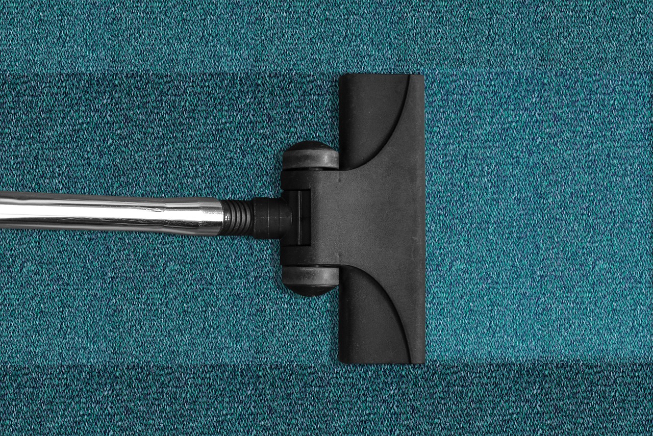 A vacuum cleaner gently glides across the carpet, creating perfect vacuum lines.